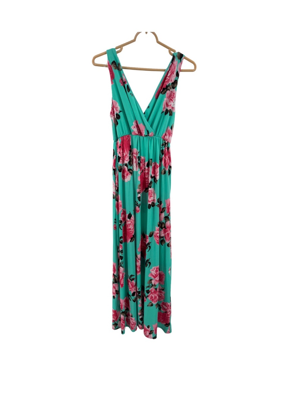 Vanilla Bay Teal Floral Maxi Dress with Pink RosesS sleeveless deep V front back